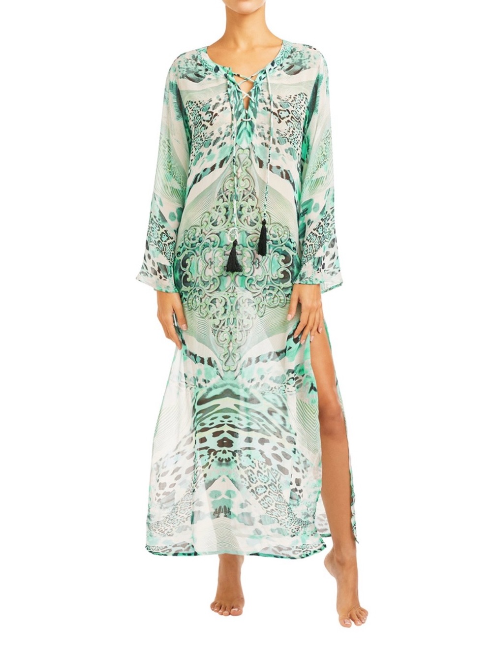 Elizabeth Hurley Mint Green Printed Lace-Up Beach Caftan
